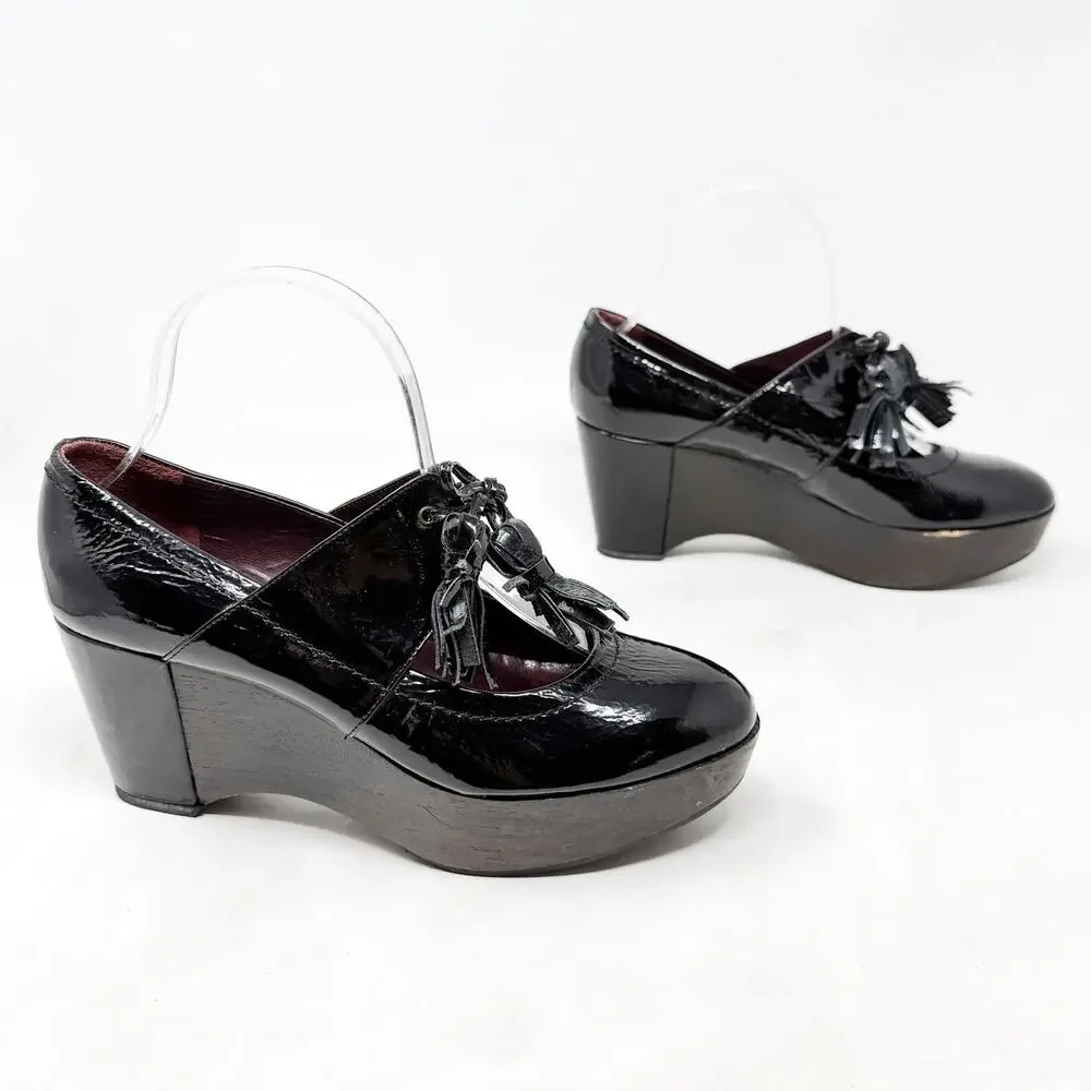 [Sonia Rykiel] Black Patent Leather Platform Wedges Tasseled Oxford Heels Sz 7.5